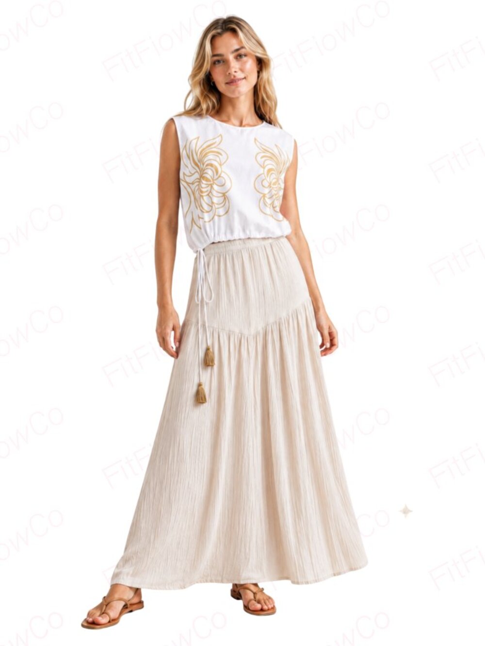 Avec Les Filles Cotton Crop Top S White Gold Floral Tassel Tie NWT